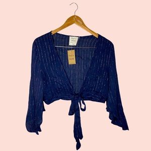 NWT navy blue and glitter pinstripe long flutter sleeve tie front blouse